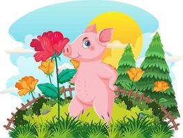 porco dos desenhos animados no campo de flores vetor