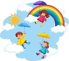 três crianças vestindo capa de chuva no céu vetor
