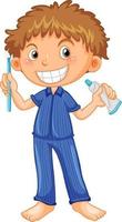 menino de pijama segurando a escova de dentes e pasta de dente vetor