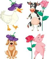 conjunto de animais fofos com personagem de desenho animado de flores vetor