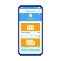modelo de vetor de interface de smartphone de aplicativo de blog. layout de design azul da página móvel. web designer, tela de perfil do blogueiro. aplicativo de compartilhamento de postagens. interface plana. conteúdo de design do site na tela do telefone