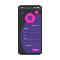 registre o modelo de vetor de interface de smartphone de formulário. layout de design preto de página de login móvel. cadastre os campos obrigatórios. tela de criação de conta. interface do usuário plana para aplicação. Registo de novo utilizador. visor do telefone