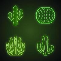 conjunto de ícones de luz neon de cactos selvagens. suculentos. coleção de cactos. saguaro, tubo de órgão, gigante mexicano e cactos de barril. sinais brilhantes. ilustrações vetoriais isoladas vetor