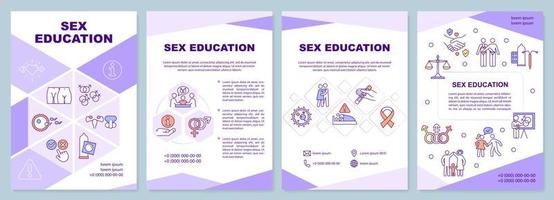 modelo de folheto roxo de conscientização de educação sexual. design de folheto com ícones lineares. 4 layouts vetoriais editáveis para apresentação, relatórios anuais.