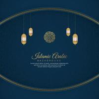 fundo de luxo azul árabe islâmico com moldura de borda de padrão dourado e belo ornamento