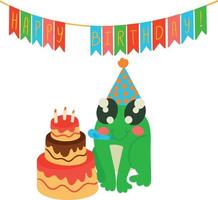 cartão com sapo bonito em um boné de aniversário e bolo com velas. ilustração vetorial isolada no fundo branco vetor