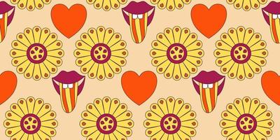 groovy y2k retro sem costura padrão com flor, coração e boca. ilustração vetorial retrô. fundo de flor groovy. ilustração de padrão sem costura hippie colorida vetor