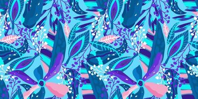 padrão sem emenda floral trópico de néon sobre fundo azul. néon floral para design de verão brilhante. selva tropical em estilo abstrato sobre fundo azul.