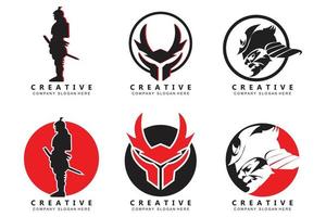 design de logotipo ninja de espada samurai, ilustração de desenho animado e armas de guerra vetor