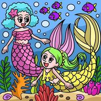 meninas sereia jogando ilustração de desenho animado colorido vetor