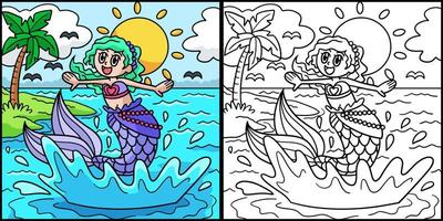 sereia pulando para colorir ilustração colorida vetor