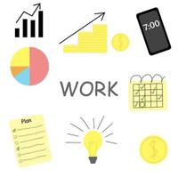 conjunto de elementos para negócios ou trabalho, estilo simples doodle, gráfico de crescimento, telefone, calendário, plano de tarefas vetor
