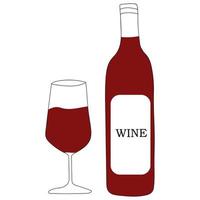vinho tinto em uma garrafa e um copo de vinho ilustração vetorial no estilo doodle. vetor