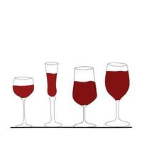 vinho tinto em diferentes tipos de copos. ilustração vetorial em estilo doodle. vetor