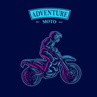 linha de motociclistas de motocross. logotipo da arte pop. design colorido com fundo escuro. ilustração em vetor abstrato. fundo preto isolado para camiseta, pôster, roupas, merchandising, vestuário, design de crachá