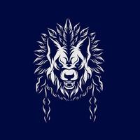 índio lobo besta linha única pop art potrait logotipo design colorido com fundo escuro. ilustração em vetor abstrato. fundo preto isolado para camiseta, pôster, roupas, mercadorias.