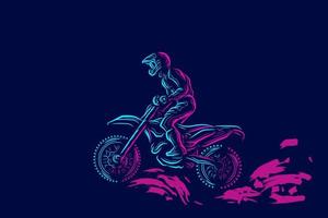 linha de motociclistas de motocross. logotipo da arte pop. design colorido com fundo escuro. ilustração em vetor abstrato. fundo preto isolado para camiseta, pôster, roupas, merchandising, vestuário, design de crachá