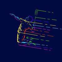 homem de badminton smash tiro vetor silhueta linha pop art potrait logotipo design colorido com fundo escuro. ilustração em vetor abstrato. fundo preto isolado para camiseta, pôster, roupas.