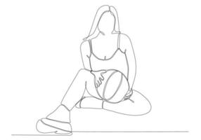 arte de linha contínua de mulher jogando basquete vetor