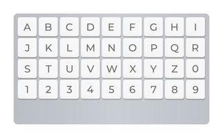 teclado de fonte para mundo digital, realidade virtual, alfabeto de interface hud. símbolos abc em quadrado para jogos educativos e lógicos. tipografia vetorial. vetor