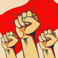 mão do punho na frente da bandeira vermelha adequada para ilustração de propaganda vetor