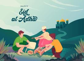 feliz eid al adha mubarak com muçulmanos cozinhando satay de cordeiro caseiro para o menu eid al adha vetor