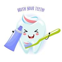 escove os dentes - personagem de dente fofo com cabelo de pasta de dente e segurando a escova de dentes. rosto sorridente kawaii. hábitos diários de escovação dos dentes. vetor