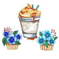 conjunto de sorvete de doces na xícara de café, bolos com flores. desenho em aquarela sobre fundo branco vetor