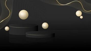 design de pódio preto com design de esfera voadora e linhas ondulantes em design de cor dourada vetor