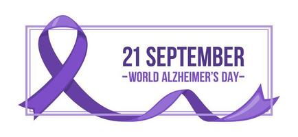 fita roxa simbólica para a doença de alzheimer isolada no fundo branco. dia mundial de alzheimers 21 de setembro. ilustração vetorial. banner ou pôster para conceito médico de saúde. vetor