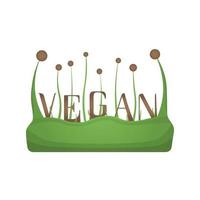 ícone de vetor vegan. símbolo orgânico, bio, eco. comida vegana, sem carne, sem lactose, saudável, fresca e não violenta. ilustração em vetor verde redonda com folhas para adesivos, etiquetas e logotipos