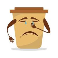 bonito triste, chorando copo de papel de café. vector ícone de ilustração de personagem de desenho animado plana design.isolated em fundo branco. café para levar, levar