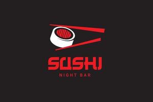 sushi logotipo e distintivo restaurante de comida japonesa com sushi salmão rolo ilustração em vetor silhueta cozinha asiática. emblema de tipografia vintage e design de rótulo.