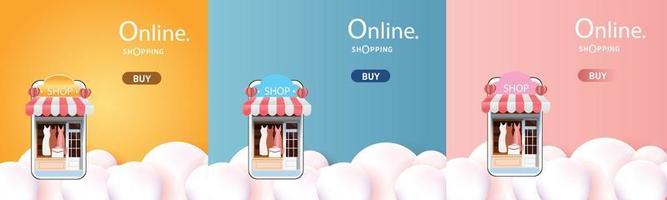 compras on-line no telefone comprar vender negócios digital web banner aplicativo dinheiro publicidade pagamento ecommerce pesquisa de vetor