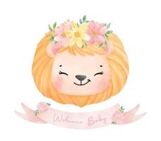 aquarela animal bebê leão usando coroa de buquê floral com banner rosa vetor de ilustração de arte de berçário doce