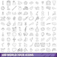 Conjunto de 100 ícones da turnê mundial, estilo de contorno vetor