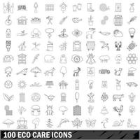 conjunto de 100 ícones de cuidados ecológicos, estilo de contorno vetor