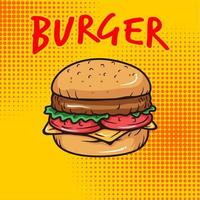 desenho animado saboroso hambúrguer grande com queijo e sementes de gergelim isoladas em fundo amarelo. ilustração vetorial vetor
