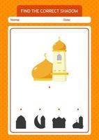 encontre o jogo de sombras correto com a mesquita. planilha para crianças pré-escolares, folha de atividades para crianças vetor