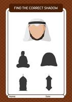 encontre o jogo de sombras correto com o árabe. planilha para crianças pré-escolares, folha de atividades para crianças vetor