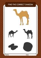 encontre o jogo de sombras correto com camelo. planilha para crianças pré-escolares, folha de atividades para crianças vetor