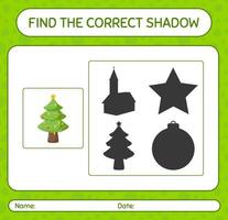 encontre o jogo de sombras correto com a árvore de natal. planilha para crianças pré-escolares, folha de atividades para crianças vetor