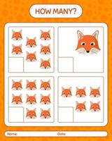 quantos jogo de contagem com red fox. planilha para crianças pré-escolares, folha de atividades para crianças vetor
