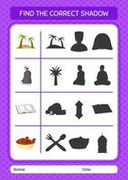 encontre o jogo de sombras correto com o ícone do ramadã. planilha para crianças pré-escolares, folha de atividades para crianças vetor