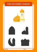 encontre o jogo de sombras correto com a mesquita. planilha para crianças pré-escolares, folha de atividades para crianças vetor