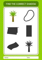 encontre o jogo de sombras correto com palmeira. planilha para crianças pré-escolares, folha de atividades para crianças vetor