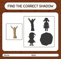 encontre o jogo de sombras correto com a árvore morta. planilha para crianças pré-escolares, folha de atividades para crianças vetor