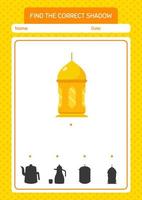 encontre o jogo de sombras correto com lanterna árabe. planilha para crianças pré-escolares, folha de atividades para crianças vetor