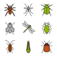 conjunto de ícones de cores de insetos. aranha, mosquito, maybug, barata, mosca doméstica, libélula, pulgão, lagarta, inseto colorado. ilustrações vetoriais isoladas vetor