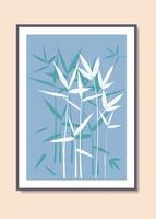 folhas de bambu brancas abstratas e árvore de fundo azul plano decoração de sala de cartaz natural ilustração de arte de parede vetor
